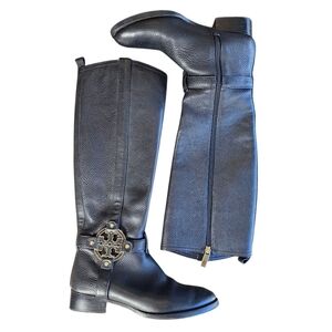 Tory Burch Amanda Tall Riding Boots Gold Logo Black Pebble Leather, Women Size 7